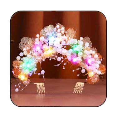 Imagem de Gortin Coroa de flores de casamento dourada iluminada tiara de princesa pérola tiara de noiva acessórios de cabelo para mulheres e meninas, One size, Ouro branco