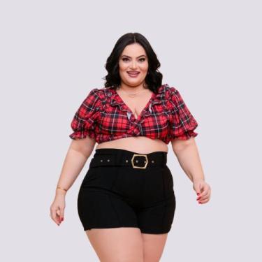 Imagem de Conjunto Plus Size Feminino Cropped Xadrez Short Cinto 0269 - Bellucy 