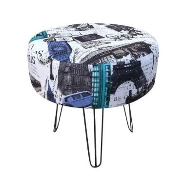 Imagem de Puff Banqueta Redondo Estampado Paris Azul Pés de ferro Aramado -  - J