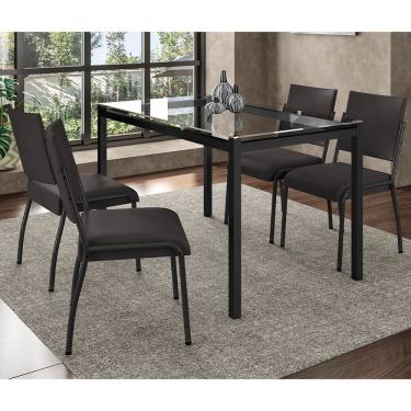 Imagem de Mesa de Jantar Retangular Fabone Alexa com Tampo de Vidro de 140X80cm com 4 Cadeiras de Jantar Fabone Dora Revestimento em Courino