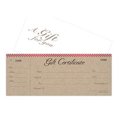 Imagem de Cartões de presente em branco com envelopes gratuitos conjunto de 25 - listras na barra vermelha com imagem de fundo kraft - Cupons de presente, vouchers para férias, Natal, Spa, salão de beleza,