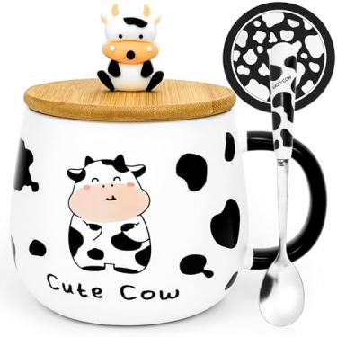 Imagem de Arawat Caneca fofa de vaca presente copo kawaii canecas de café de vaca com tampa e colher impressão de vaca coisas decoração de cozinha 400 ml cerâmica chá café vaca canecas 3D animal caneca para mulheres homens meninas crianças amantes de vaca