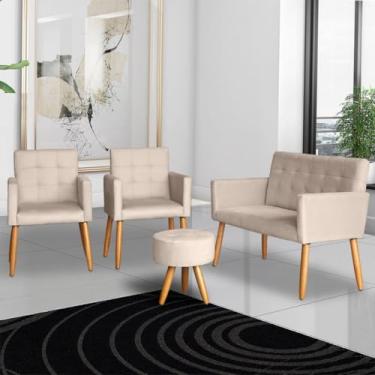 Imagem de Kit Poltrona para Sala de Espera Recepção Namoradeira 2 Poltronas Decorativas e Puff (BEGE)