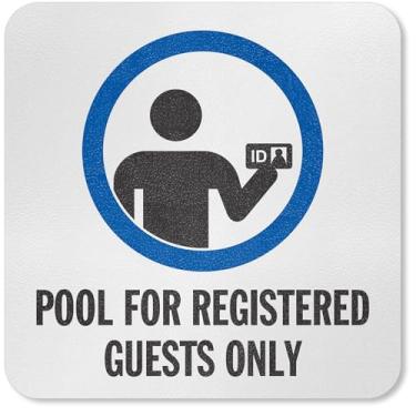 Imagem de SmartSign Marcador de piscina adesivo "Pool For Registered Guests Only" com gráfico, vinil laminado de 20 mm com superfície de pedra antiderrapante, 14,6 cm x 14,6 cm, preto, azul e branco, feito nos