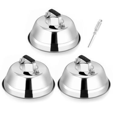 Imagem de LeonYo 3 peças de cúpula de derretimento de queijo resistente de 16,5 cm – cobertura redonda de aço inoxidável para grelhar ferro fundido, acessórios de chapa resistente ao calor, pode ir na lava-louças, manter quente