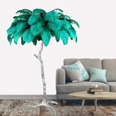 Imagem de Lâmpada de pé moderna, luz de proteção ocular regulável com abajur de penas, corpo e pedal prateados de resina, lâmpada de leitura de penas de chão