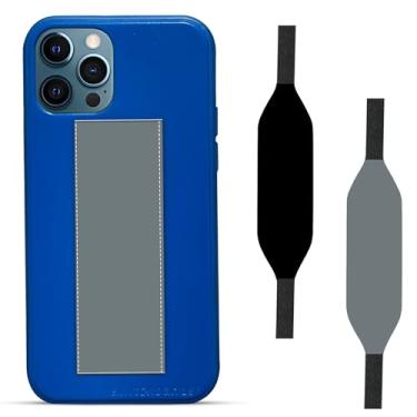 Imagem de Switchbands Capa de celular loop para iPhone 12 e 12 Pro com alça personalizável | Capa com alça de laço suporta carregamento sem fio | Capa de telefone azul com alça - alça preta e cinza