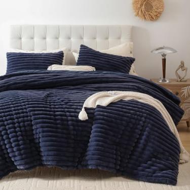 Imagem de Smoofy Conjunto de edredom Queen fofo de 3 peças - Conjunto de cama queen felpudo de lã azul marinho, cama queen macia para todas as estações, lençol Queen pesado com 2 fronhas