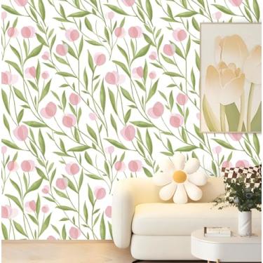 Imagem de HAOKHOME Papel de parede floral Peel and Stick Boho Berçário Branco/Rosa/Verde Papel de Parede de Banheiro Papel de Parede Stick on Contact Paper 44 cm x 3 m