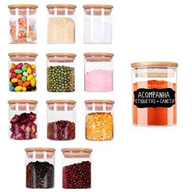 Imagem de Kit 12 Potes 200ML de Vidro com Tampa de Bambu Herméticos com Adesivos e Canetinha