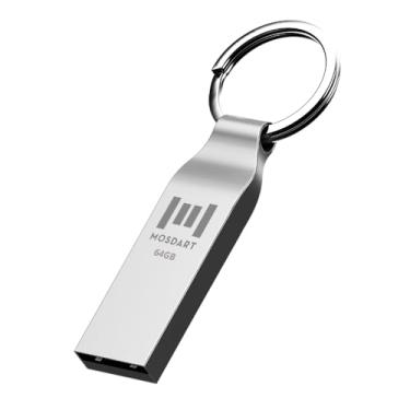 Imagem de MOSDART Flash drive USB 2.0 à prova d'água de 64 GB, cartão de memória de metal exFAT com chaveiro, para sistema traseiro, armazenamento de dados, prata
