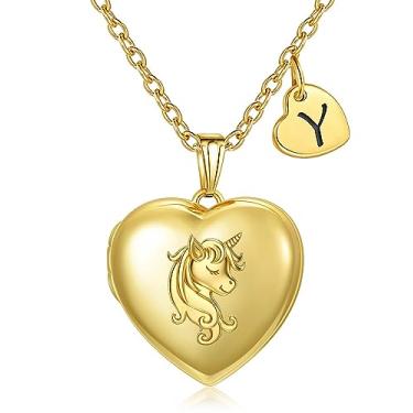 Imagem de YOUFENG Colar com medalhão de unicórnio com letra de coração, medalhão com inicial que guarda imagens banhado a ouro 18 K, presentes de aniversário, Aço inoxidável, Zircão