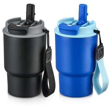 Imagem de Copo isolado com alça e canudos - Pacote com 2 copos infantis de aço inoxidável 18/8 livres de BPA com tampas 2 em 1, à prova de vazamento, canecas de viagem para meninos e meninas (azul + preto)