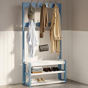 Imagem de Cabideiro para sapato, entrada, árvore resistente com banco de armazenamento, banco organizador de armazenamento com design 3 em 1 com ganchos removíveis, suporte de sapateira de madeira fácil de