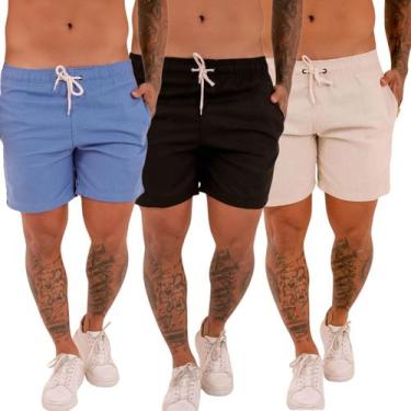 Imagem de KIT3 Short Linho Bermuda Masculina Verão Mauricinho Moda Casual Praia 