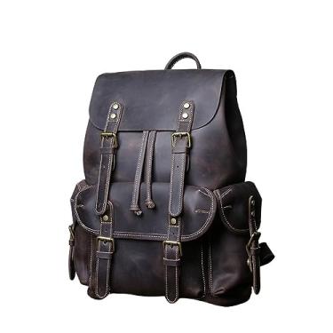 Imagem de Mochila masculina de couro bolsa de viagem vintage de couro grande capacidade moda mochila simples para homens(Dark brown)