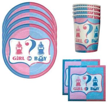 Imagem de KIT 20 Convidados Pratos Copos Guardanapo Papel Chá Revelação Menina M