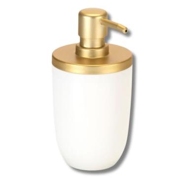 Imagem de Porta Sabonete Dispense Líquido 17cm com Tampa Dourada | Recarregável Branco Fosco | Decoração Sofisticada para Bancada do Banheiro ou Pia da Cozinha, Porta Detergente, ou loção