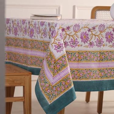 Imagem de DecorAvenue Toalha de mesa de algodão estampada à mão – design floral elegante e tradicional, 100% algodão, macia e durável, perfeita para jantar, cozinha e decoração ao ar livre (retângulo de 6