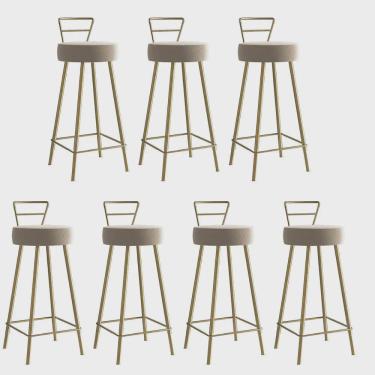 Imagem de Kit 07 Banqueta Alta Com Encosto Tina Eiffel Cozinha Bar Bistrô Ferro Dourado Corino Bege - Ahz Móveis