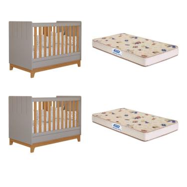 Imagem de Quarto bebê gêmeos com 2 Berços Mini Cama Liza com 2 Colchões Gazin Permobili - Fendi/Nature