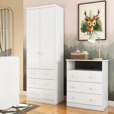 Imagem de Quarto Infantil com Guarda Roupas 2 Portas 3 Gavetas e Cômoda 3 Gavetas Smim New Móveis Peroba - Branco Brilho
