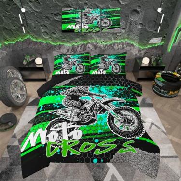 Imagem de Feelyou Conjunto de edredom infantil para meninos, esportes radicais, decoração de quarto de meninos, edredom de corrida de motocross, geométrico, motociclista