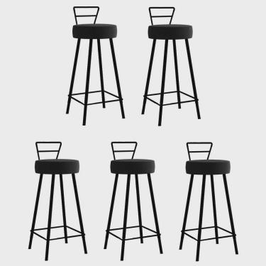 Imagem de Kit 05 Banqueta Alta Com Encosto Tina Eiffel Cozinha Bar Bistrô Ferro Preto Corino Preto - Ahz Móveis