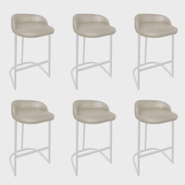 Imagem de Kit 06 Banqueta Betina Com Encosto Alta Cozinha Bar Balcão Ferro Branco Corino Bege - Ahz Móveis