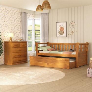 Imagem de Conjunto Dormitório Bicama Nathalia com Gavetas na Auxiliar e Cômoda 1X1 Mogno Mel