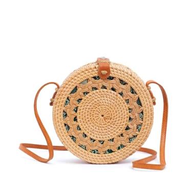 Imagem de Novum Crafts Bolsa feminina redonda de vime - Bolsas de palha feitas à mão - Bolsa de vime - Bolsas boho transversais com círculo branco marrom, Estampa marrom, Diameter: 7 3/4” (20 cm)