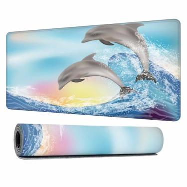 Imagem de Y YIHANGBEST Tapete de mouse pad dois golfinhos pulando com teclado, natureza, oceano, pôr do sol, água, respingo, grande, para mesa, computador, escritório, 90 x 40 cm