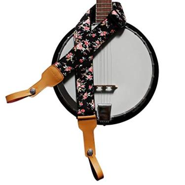 Imagem de MUSIC FIRST Design original, 5 cm de largura (5 cm), "Rosa Multiflora em Preto" Musselina e Pulseira Banjo de Couro Genuíno Delux, com 2 peças de MUSIC FIRST Leather Strap Locker. (Rosa Multiflora em