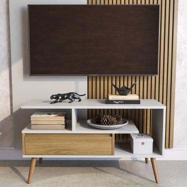 Imagem de Rack Aparador Estante para Tv 55 Polegadas com Porta Nicho Prateleira Pés Palito Retro Branco/Freijó