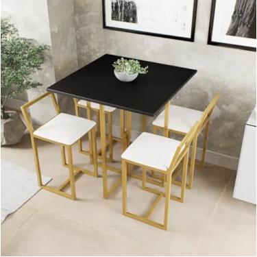 Imagem de Conjunto Mesa Preta 4 Cadeiras Pequena Estofado Industrial Dourado (Branco)