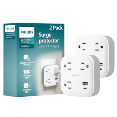 Imagem de Philips EZFit Extensor de saída de surto de 3 saídas com USB, 1 USB-A, 1 tipo C, adaptador espaçado, estação de carregamento, 12W, 980 joules, pacote com 2, branco - SPP9393W/37