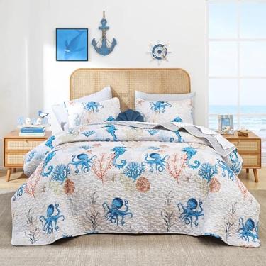 Imagem de weigelia Jogo de cama solteiro com colchas, lençol náutico de verão com fronhas, conjunto de colcha de praia azul oceano cavalo marinho, coberta, edredom leve e macio
