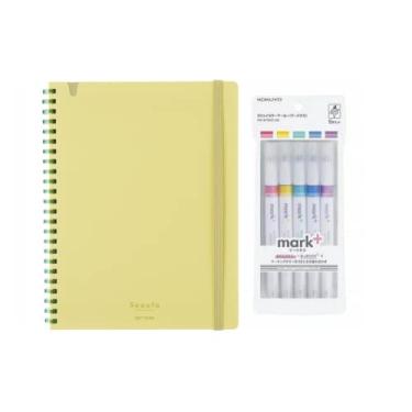Imagem de Kokuyo Soft Ring Notebook Sooofa A5 4 mm grade 80 folhas amarelo e marcado - conjunto com 5 marcadores de cores bidirecionais (rosa, azul, verde, roxo e amarelo)