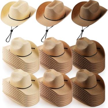 Imagem de Unittype Conjunto de 60 peças de chapéu de caubói adulto a granel para festa ocidental chapéu de palha unissex cowboy cowgirl para mulheres e homens (série marrom)