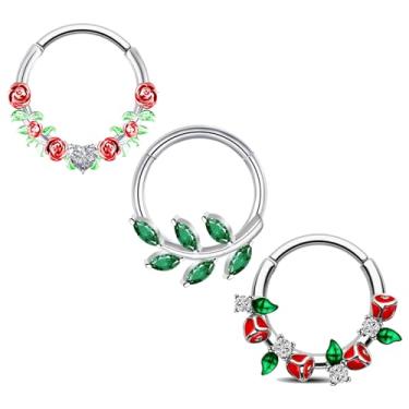 Imagem de VERAMI 3 argolas de septo 316L, anéis de nariz de segmento cirúrgico de aço inoxidável 16G, brincos de argola clicker para cartilagem de flor para torre Daith Tragus, hipoalergênicos para mulheres