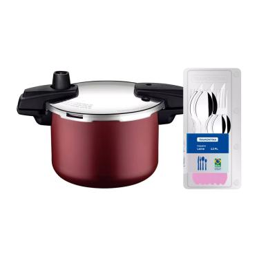 Imagem de Panela de Pressão Tramontina Arizona em Alumínio, Revestimento Starflon Max 4,5L – Vermelha + Faqueiro 12 Peças Leme, Lâminas em Aço Inox – Lavanda