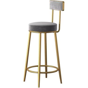 Imagem de Bancos de barra de altura de veludo, bancos redondos altos com pernas de metal nas costas e douradas, cadeiras de barra para a sala de estar de pub da ilha de cozinha, cinza, altura sentada