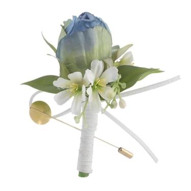 Imagem de Lilihuimaoyi Boutonniere de Casamento Masculino, Broche de Rosas, Elegante Broche Rústico, Decoração de Terno para Padrinhos de Aniversário, Azul, Tamanho real