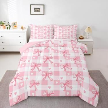 Imagem de jejeloiu Jogo de cama solteiro com laço, princesa, sonhadora, para crianças, mulheres, estampa kawaii, amor, coração, edredom rosa e branco, xadrez, listras geométricas, decoração de quarto