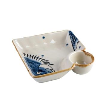 Imagem de Prato quadrado de cerâmica simples e bonito em estilo japonês criativo delicado e fresco - azul, cabeça de peixe gordo