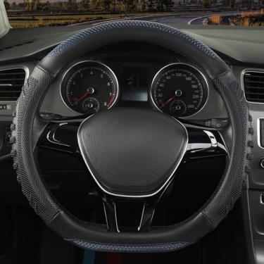 Imagem de WJMZ Capa de volante em forma de D, ótima aderência com orifício de favo de mel 3D, design esportivo antiderrapante, universal 38 cm (preto com azul)