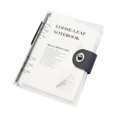 Imagem de Fichário de caderno recarregável A5 transparente com 90 folhas de papel forrado preto 6 anéis macio transparente capa protetora de folha solta para diário pastas com fecho de couro PU