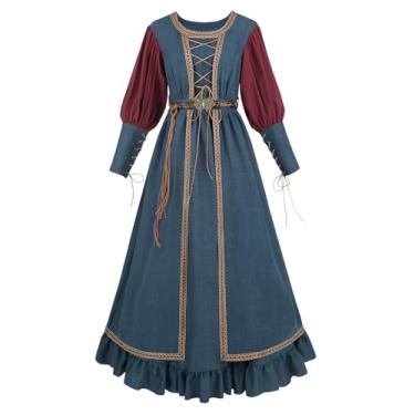 Imagem de LTAKK Fantasia renascentista feminina vestido medieval Ren Faire maxi vestidos com cinto, Azul, P