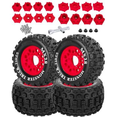 Imagem de RCarmubWow RC Wheels and Tires for 1/10 RC Scale Car,Rustler Stampede Hoss,Arrm a Granite Vorteks Big Rock 3S,MX28 2.8" Truck Tires and Wheels w/ 12mm/14mm Hex,4pcs,Red