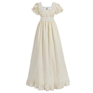 Imagem de LSYYSKB Vestido feminino regency vitoriano, vintage, vestido de baile, com cadarço, longo, branco, com luvas de casamento, Amarelo, P